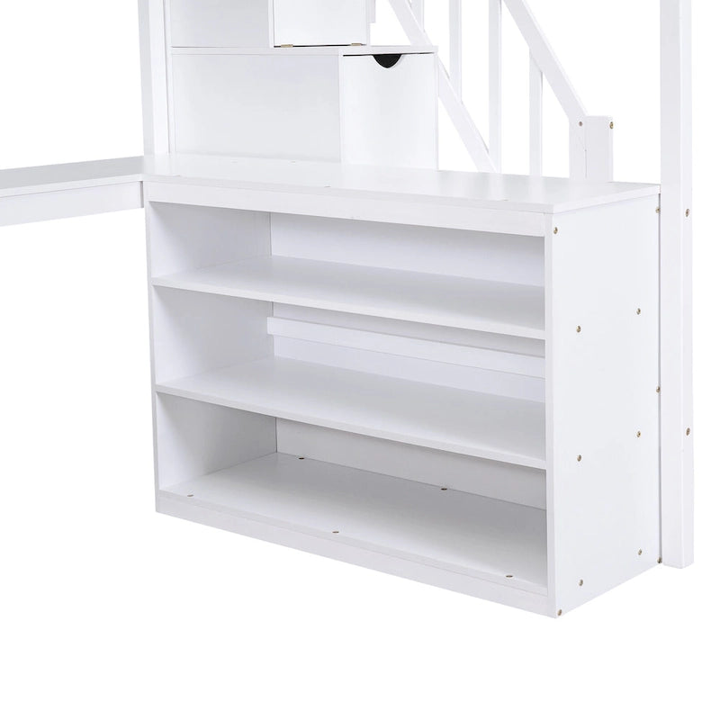 Full Size Wood Loft Bed with Desk, Shelves and Storage Stairs