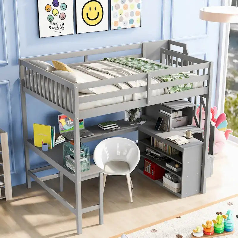Full Size Wood Loft Bed with Desk, Shelves and Storage Stairs