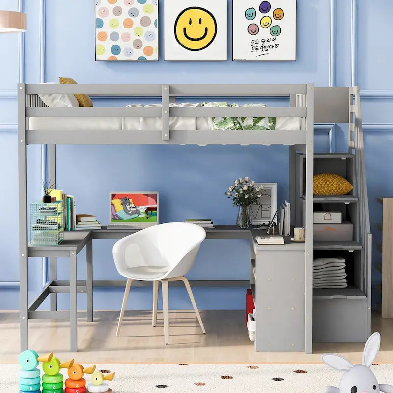 Full Size Wood Loft Bed with Desk, Shelves and Storage Stairs