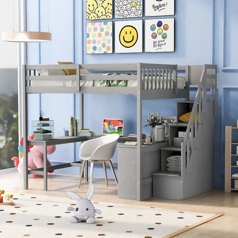 Full Size Wood Loft Bed with Desk, Shelves and Storage Stairs