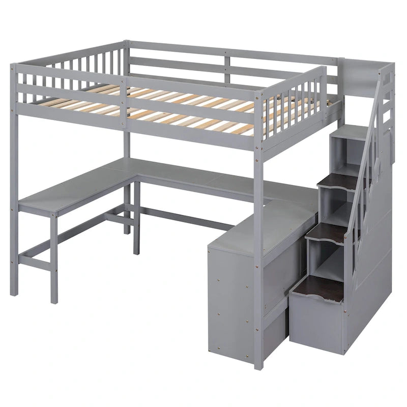 Full Size Wood Loft Bed with Desk, Shelves and Storage Stairs
