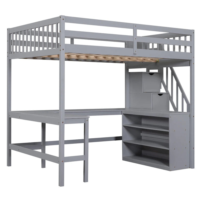 Full Size Wood Loft Bed with Desk, Shelves and Storage Stairs
