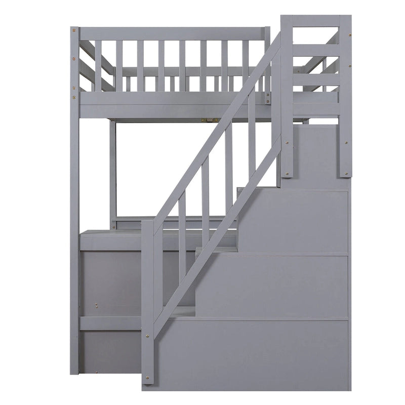 Full Size Wood Loft Bed with Desk, Shelves and Storage Stairs