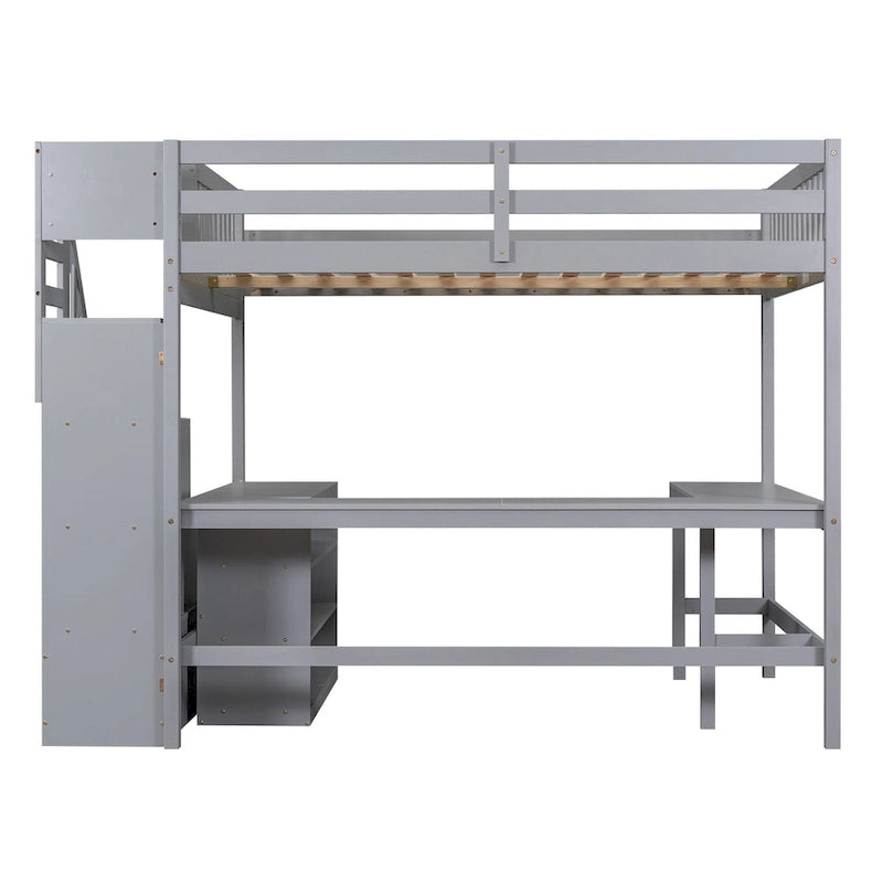 Full Size Wood Loft Bed with Desk, Shelves and Storage Stairs