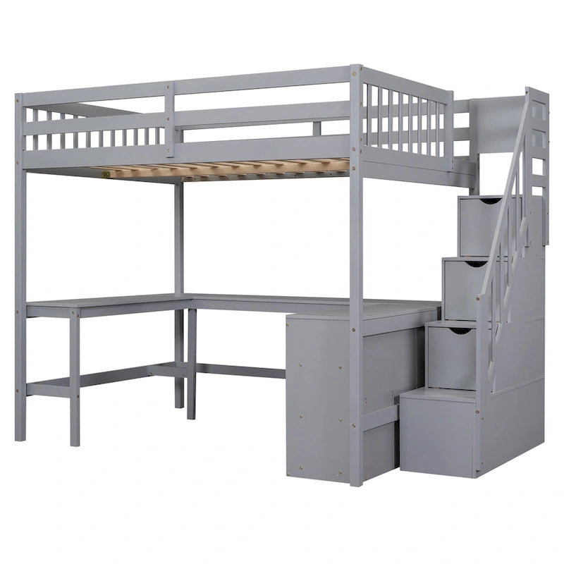 Full Size Wood Loft Bed with Desk, Shelves and Storage Stairs