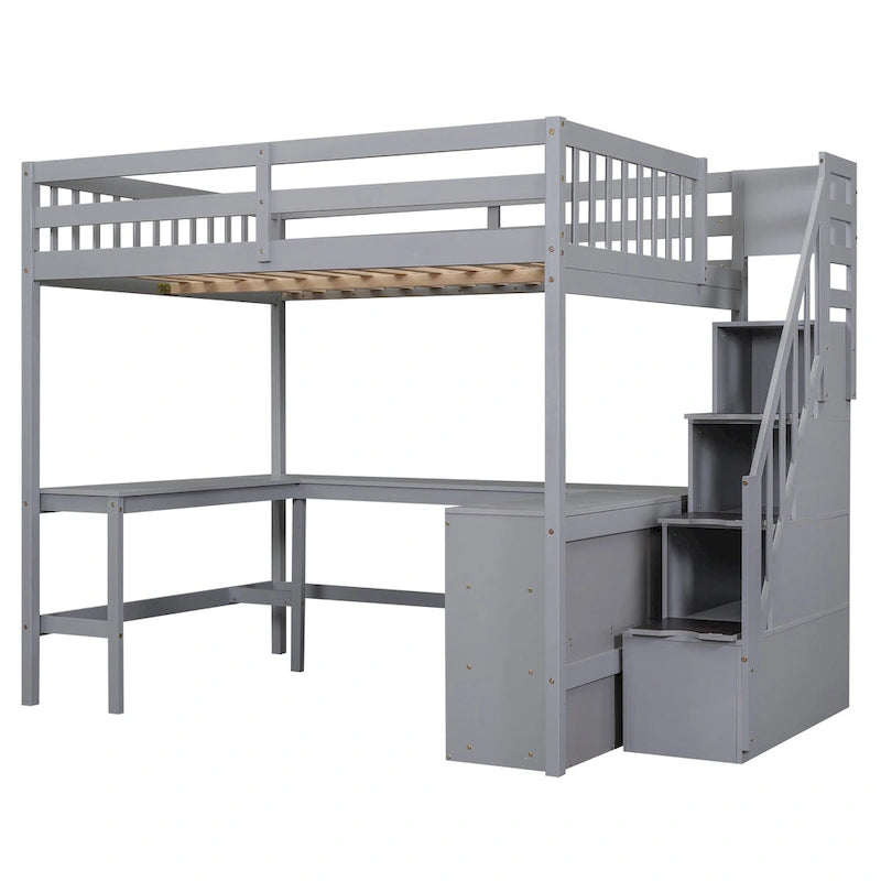 Full Size Wood Loft Bed with Desk, Shelves and Storage Stairs