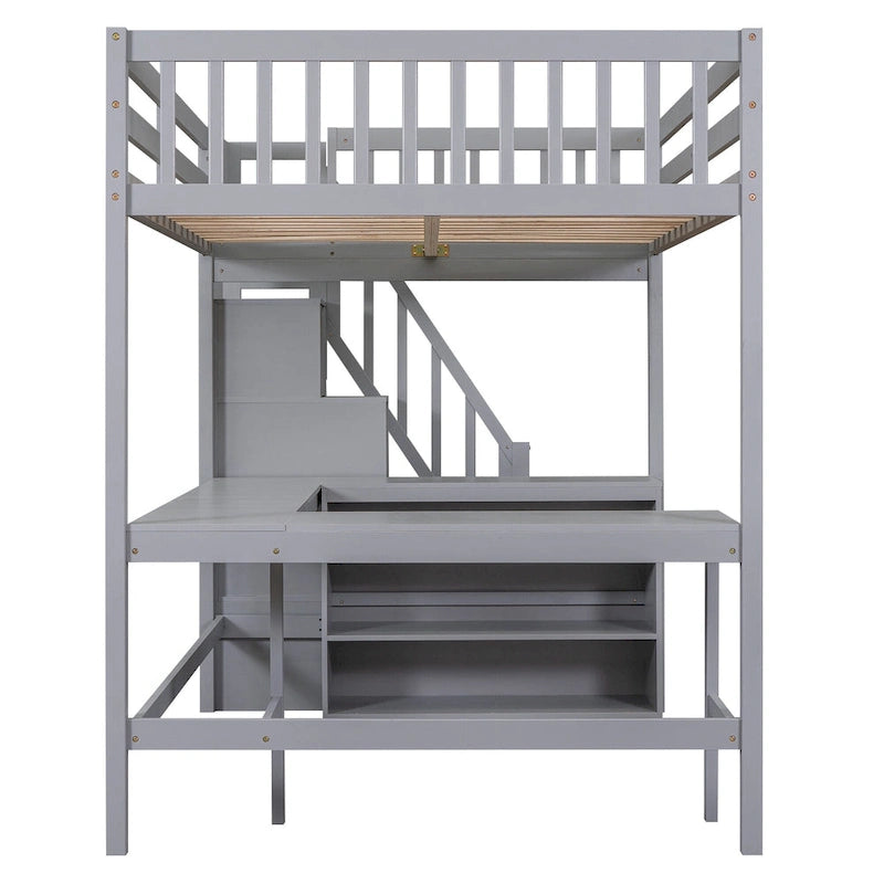 Full Size Wood Loft Bed with Desk, Shelves and Storage Stairs