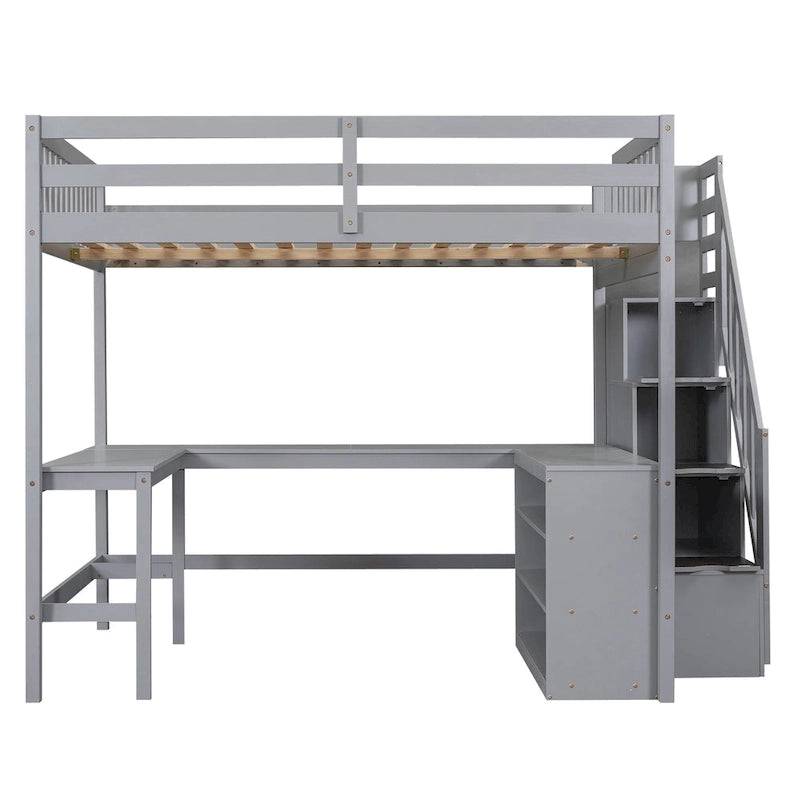 Full Size Wood Loft Bed with Desk, Shelves and Storage Stairs