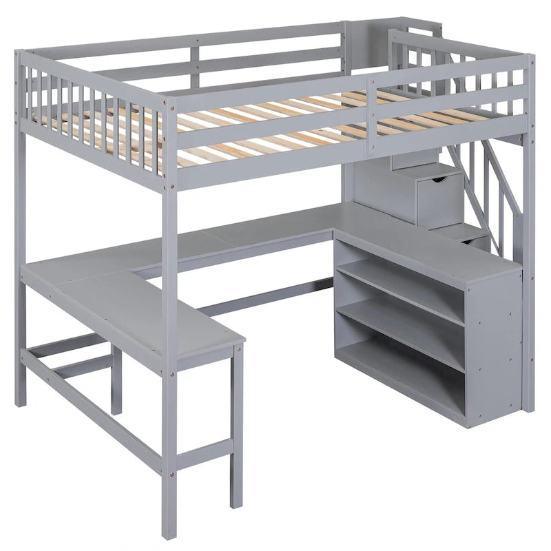 Full Size Wood Loft Bed with Desk, Shelves and Storage Stairs