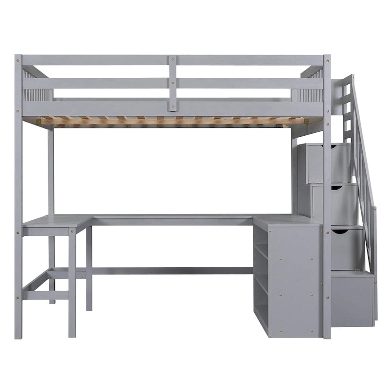 Full Size Wood Loft Bed with Desk, Shelves and Storage Stairs