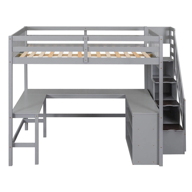 Full Size Wood Loft Bed with Desk, Shelves and Storage Stairs
