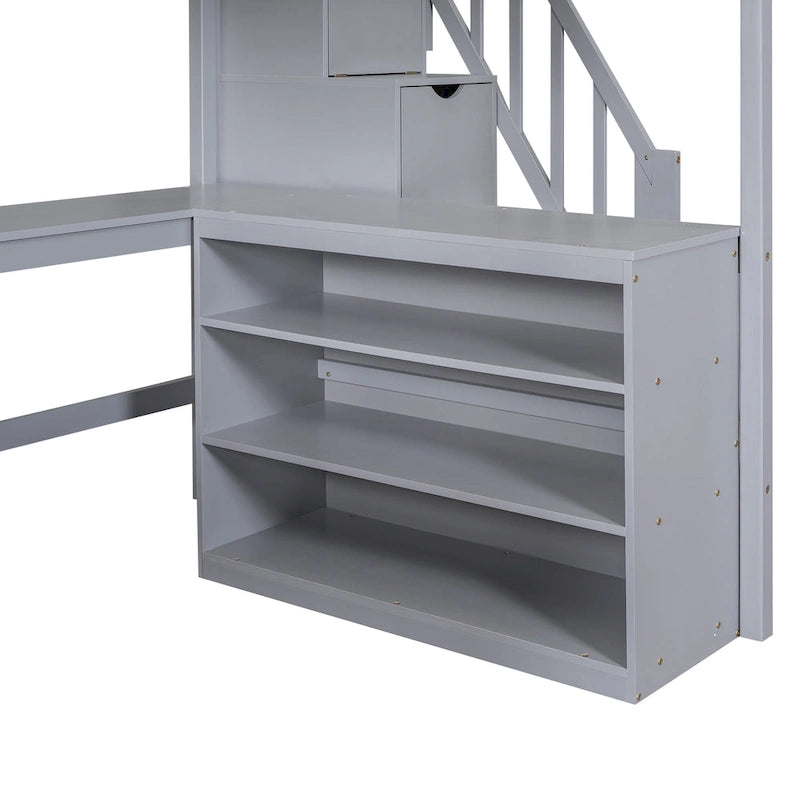 Full Size Wood Loft Bed with Desk, Shelves and Storage Stairs