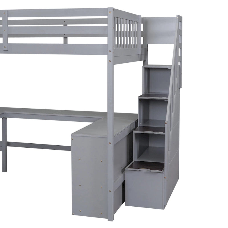 Full Size Wood Loft Bed with Desk, Shelves and Storage Stairs
