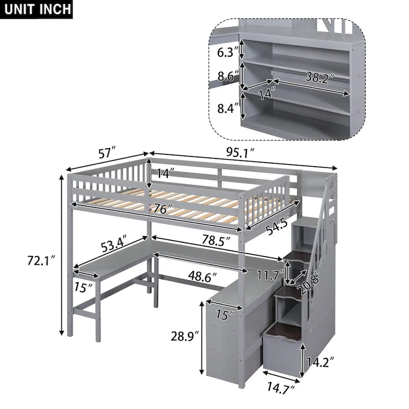 Full Size Wood Loft Bed with Desk, Shelves and Storage Stairs