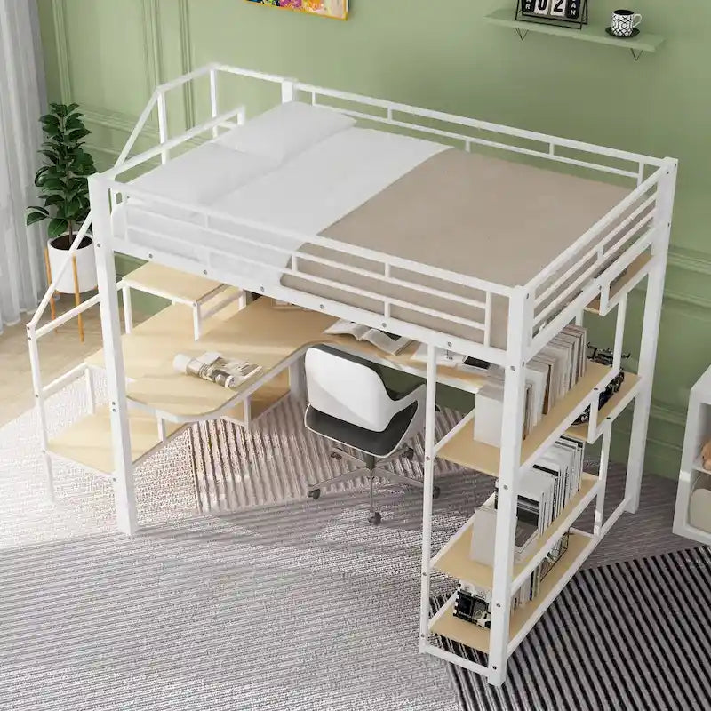 Full Size Metal Loft Bed with Storage Staircase and Small Wardrobe, Built-in Desk and Storage Shelves