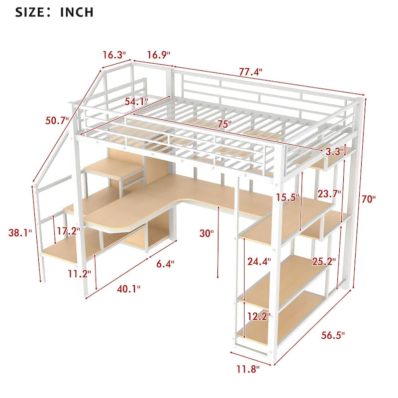 Full Size Metal Loft Bed with Desk, Storage Stairs and Wardrobe