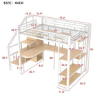 Lit mezzanine en métal, format double, avec bureau, escalier de rangement et armoire