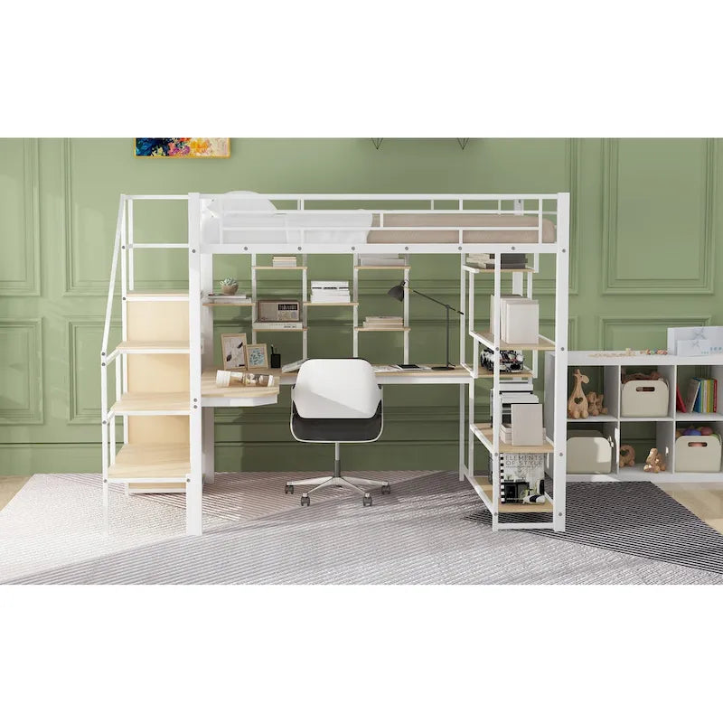 Full Size Metal Loft Bed with Desk, Storage Stairs and Wardrobe