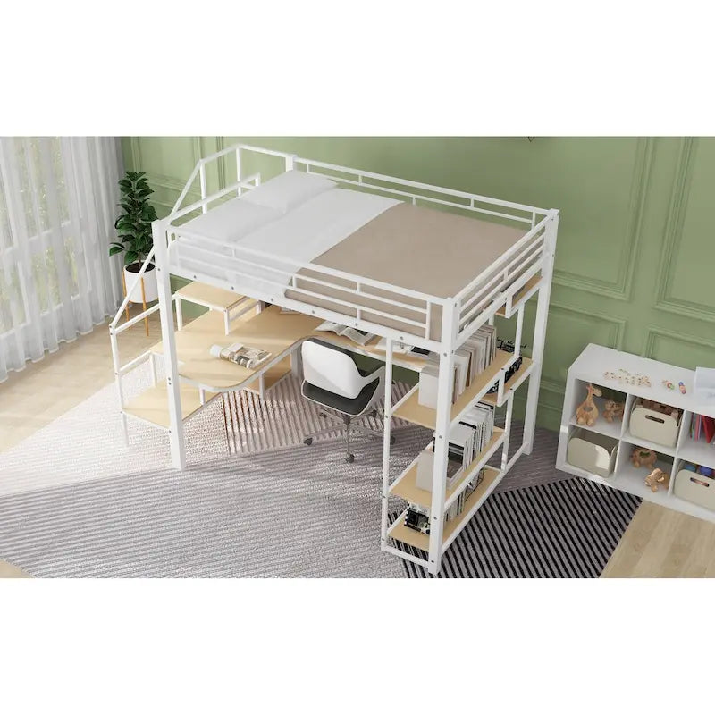 Full Size Metal Loft Bed with Desk, Storage Stairs and Wardrobe