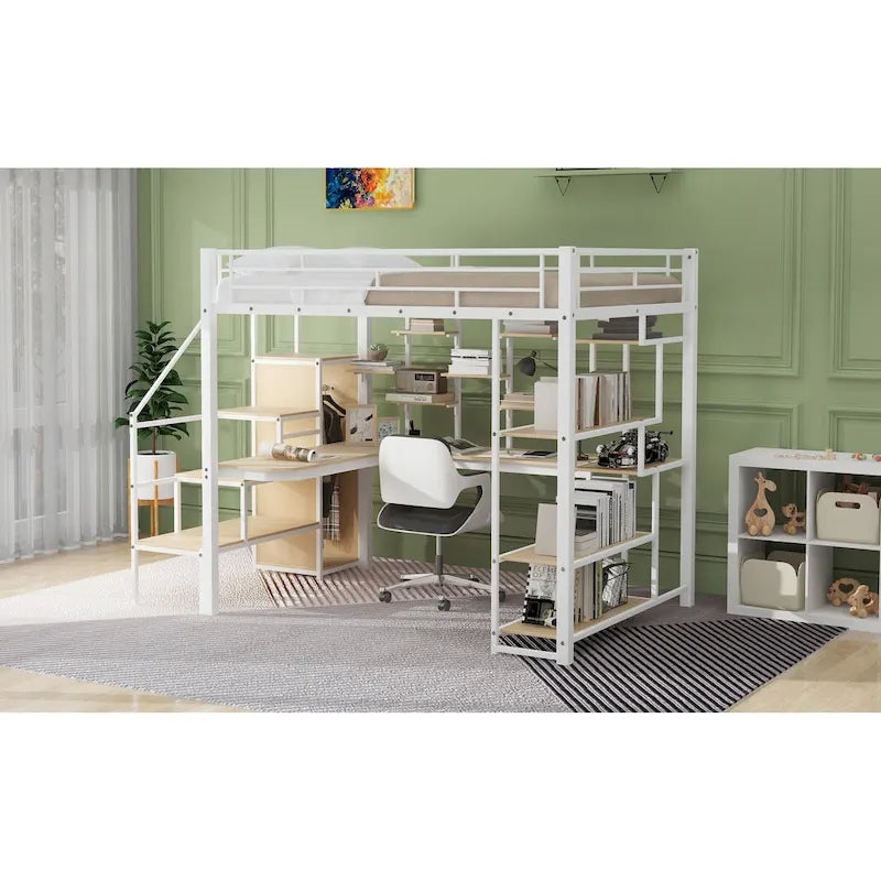 Full Size Metal Loft Bed with Desk, Storage Stairs and Wardrobe