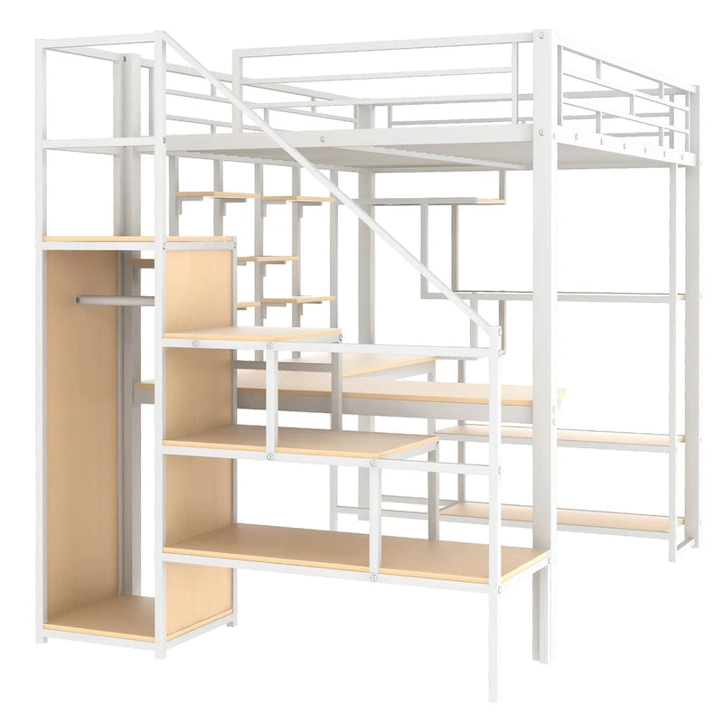 Full Size Metal Loft Bed with Desk, Storage Stairs and Wardrobe