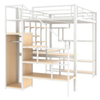 Lit mezzanine en métal, format double, avec bureau, escalier de rangement et armoire