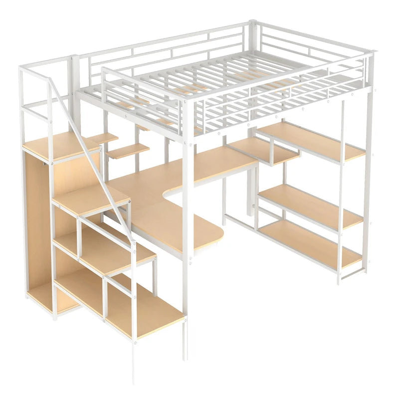 Full Size Metal Loft Bed with Desk, Storage Stairs and Wardrobe