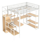 Lit mezzanine en métal, format double, avec bureau, escalier de rangement et armoire