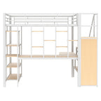 Lit mezzanine en métal, format double, avec bureau, escalier de rangement et armoire