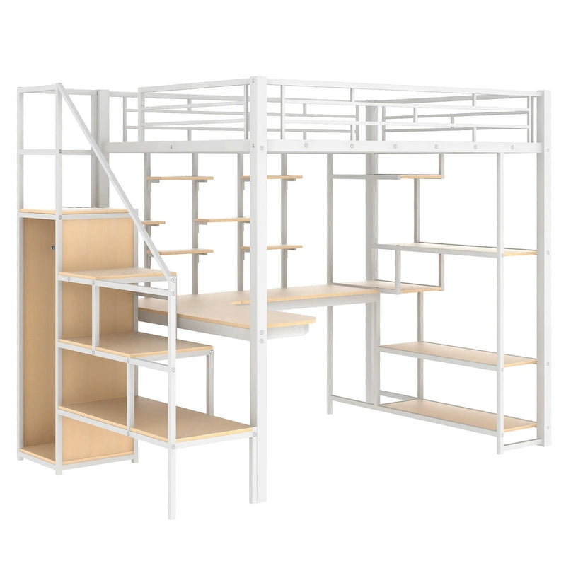 Full Size Metal Loft Bed with Desk, Storage Stairs and Wardrobe