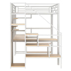 Lit mezzanine en métal, format double, avec bureau, escalier de rangement et armoire
