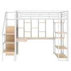 Lit mezzanine en métal, format double, avec bureau, escalier de rangement et armoire