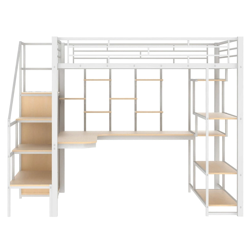 Full Size Metal Loft Bed with Desk, Storage Stairs and Wardrobe