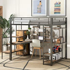 Lit mezzanine en métal, format double, avec bureau, escalier de rangement et armoire