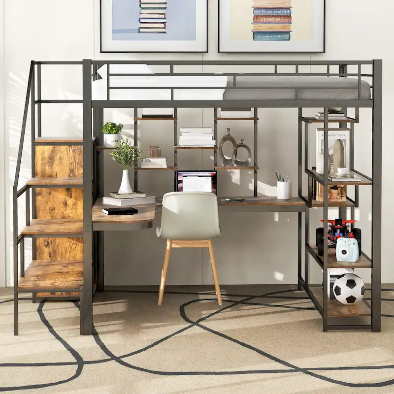 Full Size Metal Loft Bed with Desk, Storage Stairs and Wardrobe