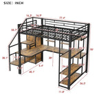 Lit mezzanine en métal, format double, avec bureau, escalier de rangement et armoire