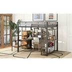 Lit mezzanine en métal, format double, avec bureau, escalier de rangement et armoire