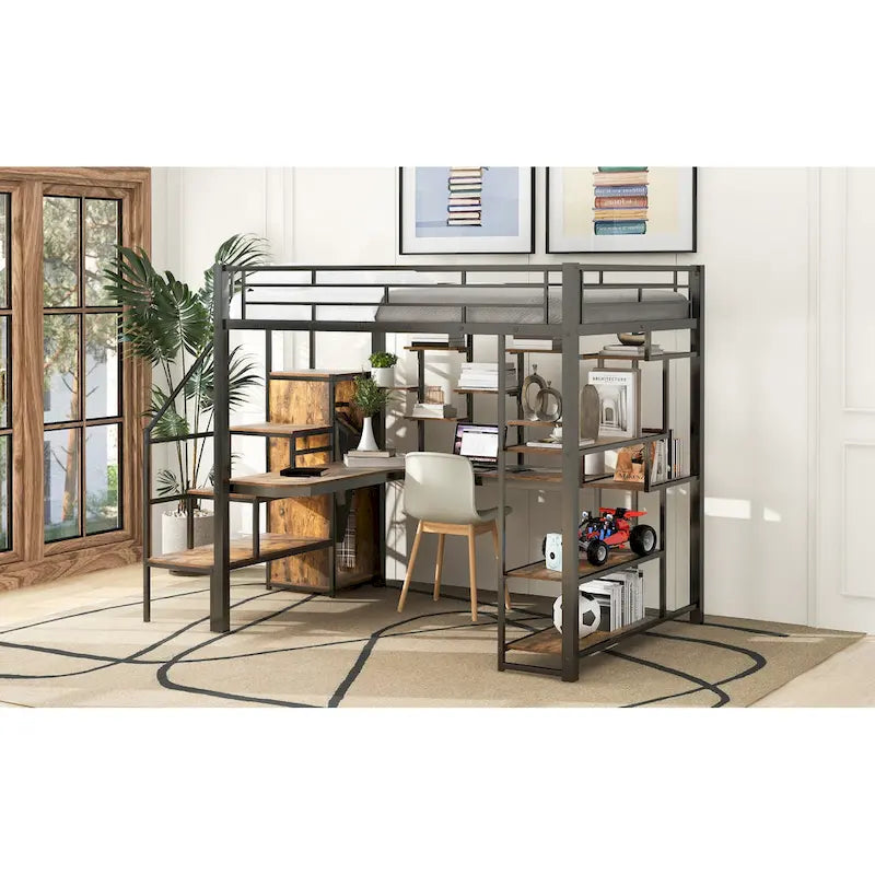 Full Size Metal Loft Bed with Desk, Storage Stairs and Wardrobe