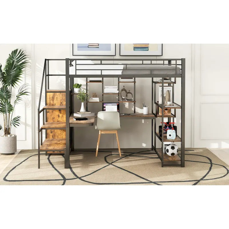 Full Size Metal Loft Bed with Desk, Storage Stairs and Wardrobe