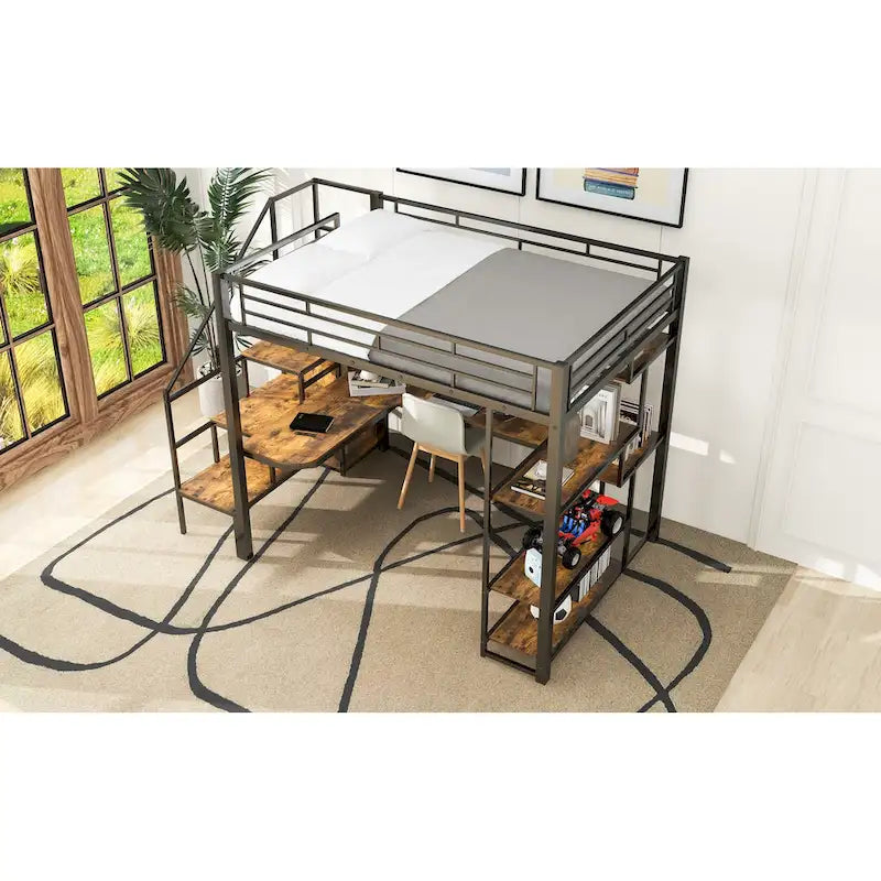 Full Size Metal Loft Bed with Desk, Storage Stairs and Wardrobe