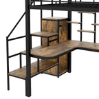 Lit mezzanine en métal, format double, avec bureau, escalier de rangement et armoire