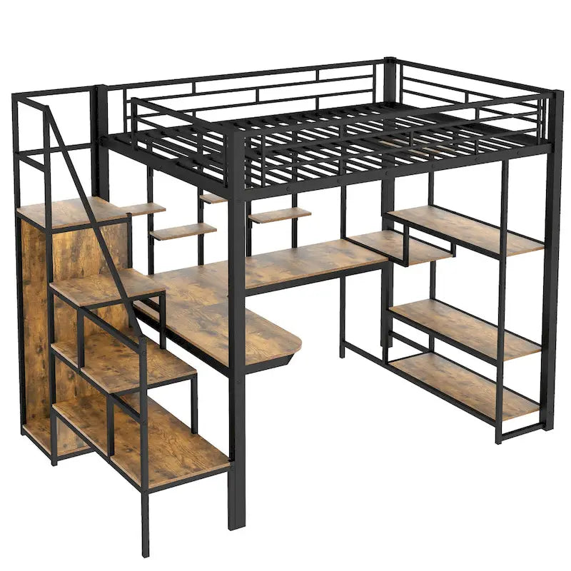Full Size Metal Loft Bed with Desk, Storage Stairs and Wardrobe