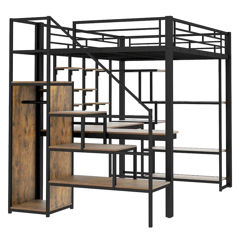 Full Size Metal Loft Bed with Desk, Storage Stairs and Wardrobe