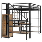 Lit mezzanine en métal, format double, avec bureau, escalier de rangement et armoire