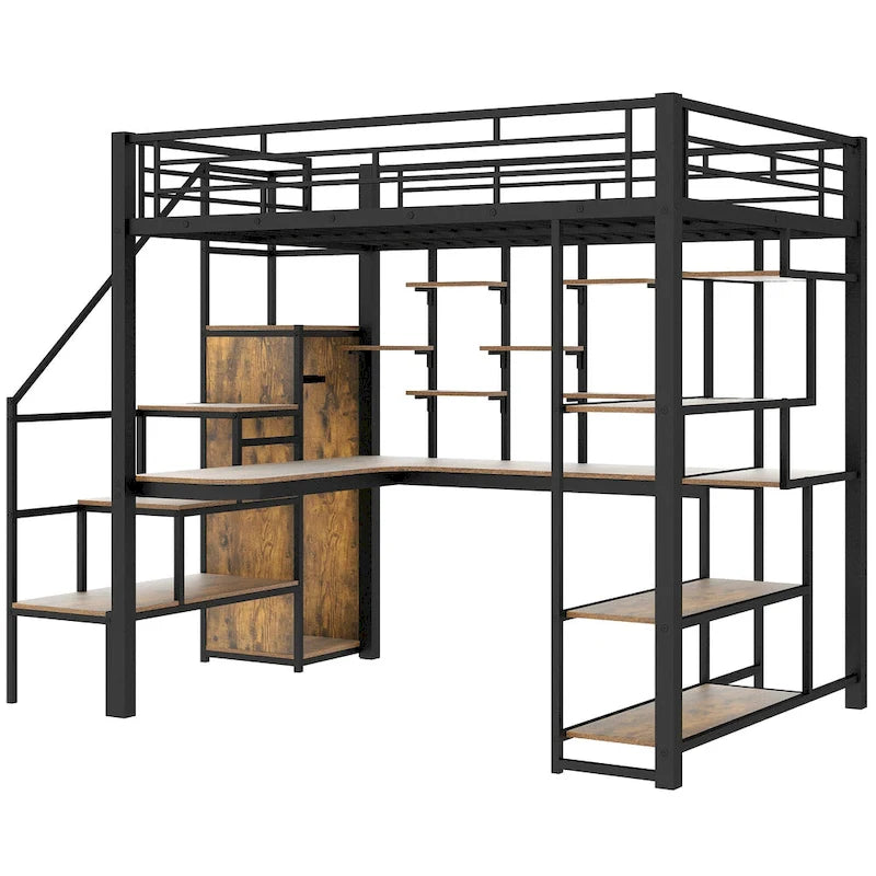 Full Size Metal Loft Bed with Desk, Storage Stairs and Wardrobe