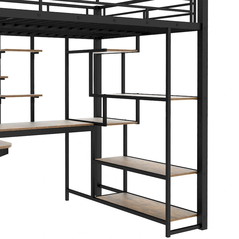 Full Size Metal Loft Bed with Desk, Storage Stairs and Wardrobe