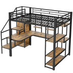 Lit mezzanine en métal, format double, avec bureau, escalier de rangement et armoire