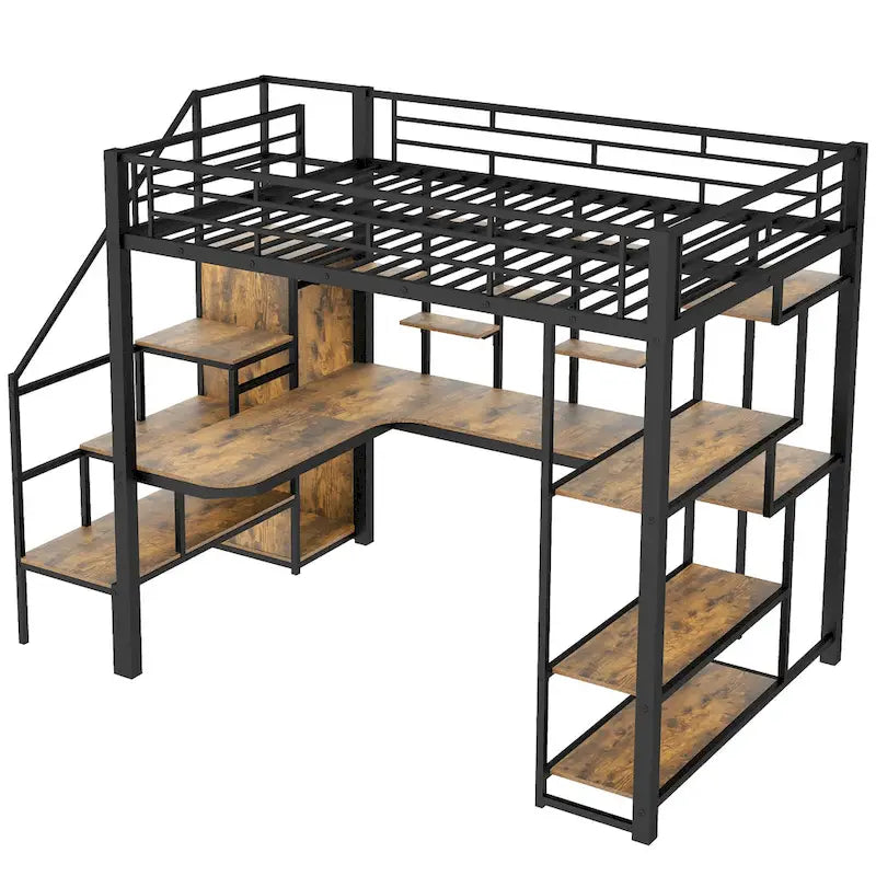 Full Size Metal Loft Bed with Desk, Storage Stairs and Wardrobe