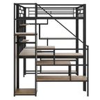Lit mezzanine en métal, format double, avec bureau, escalier de rangement et armoire