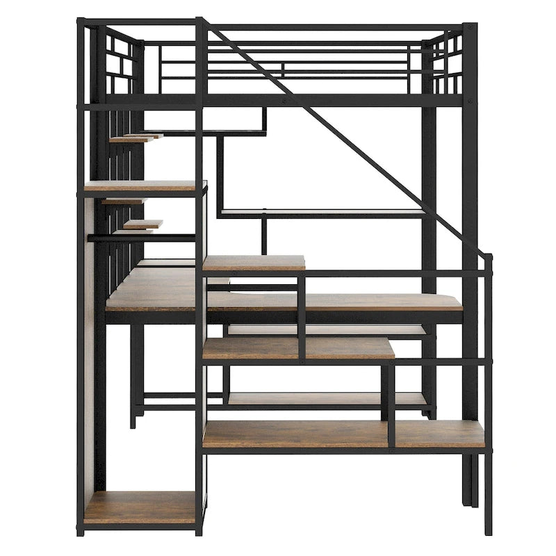 Full Size Metal Loft Bed with Desk, Storage Stairs and Wardrobe